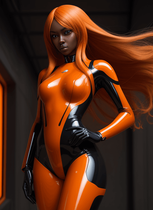 AI generated: Orange long hair. dark skin, Woman, latex leotard, high tech, mech suit, hypnotic