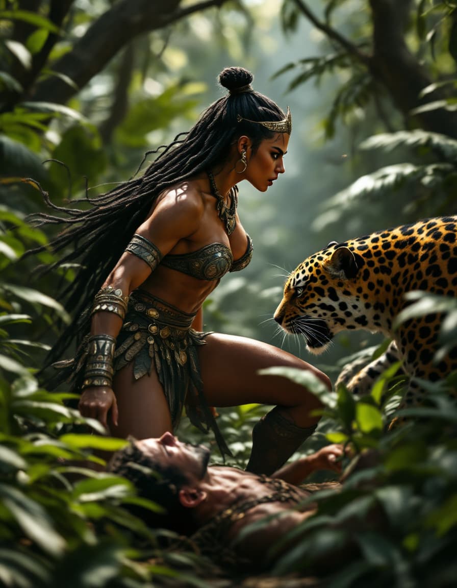 AI generated: (side view, picture) In a lush, overgrown jungle, a fierce (angry expression) and agile warrior-quee...