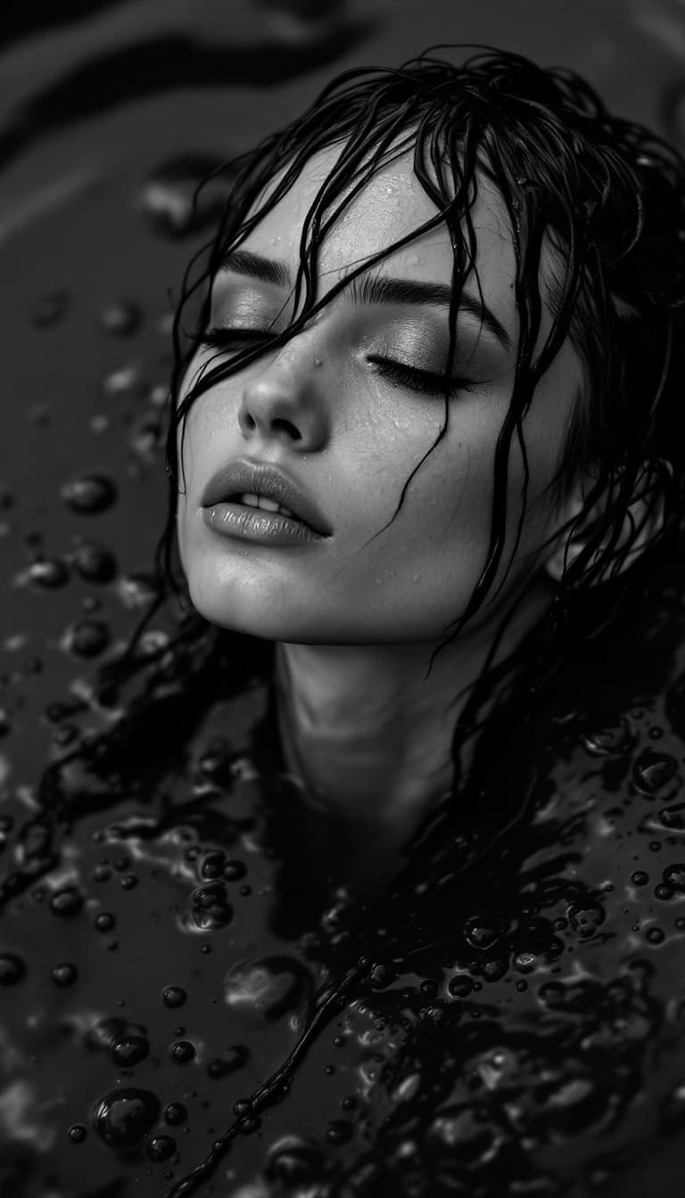 AI generated: a black and white photo of a woman in dark ooze, mert and marcus, drops, kristine froseth, carola ru...