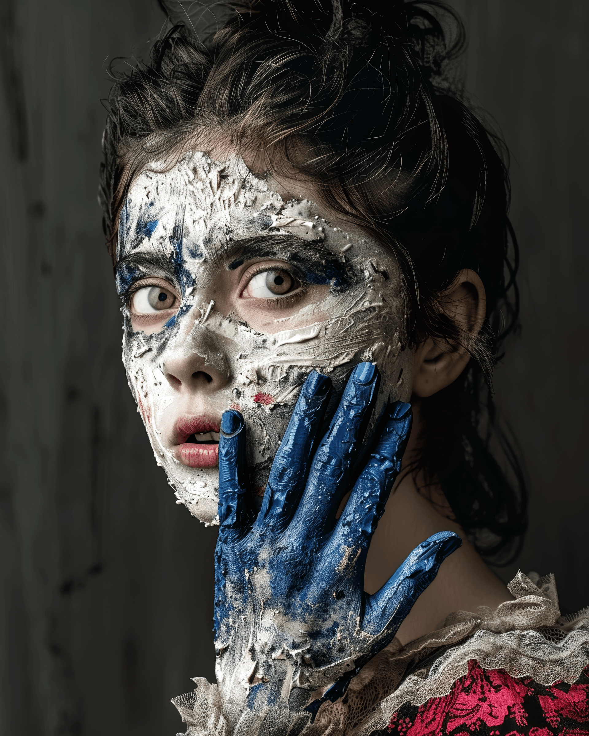 AI generated: A portrait of an attractive woman with white paint on her face and neck, blue hands made from ice co...