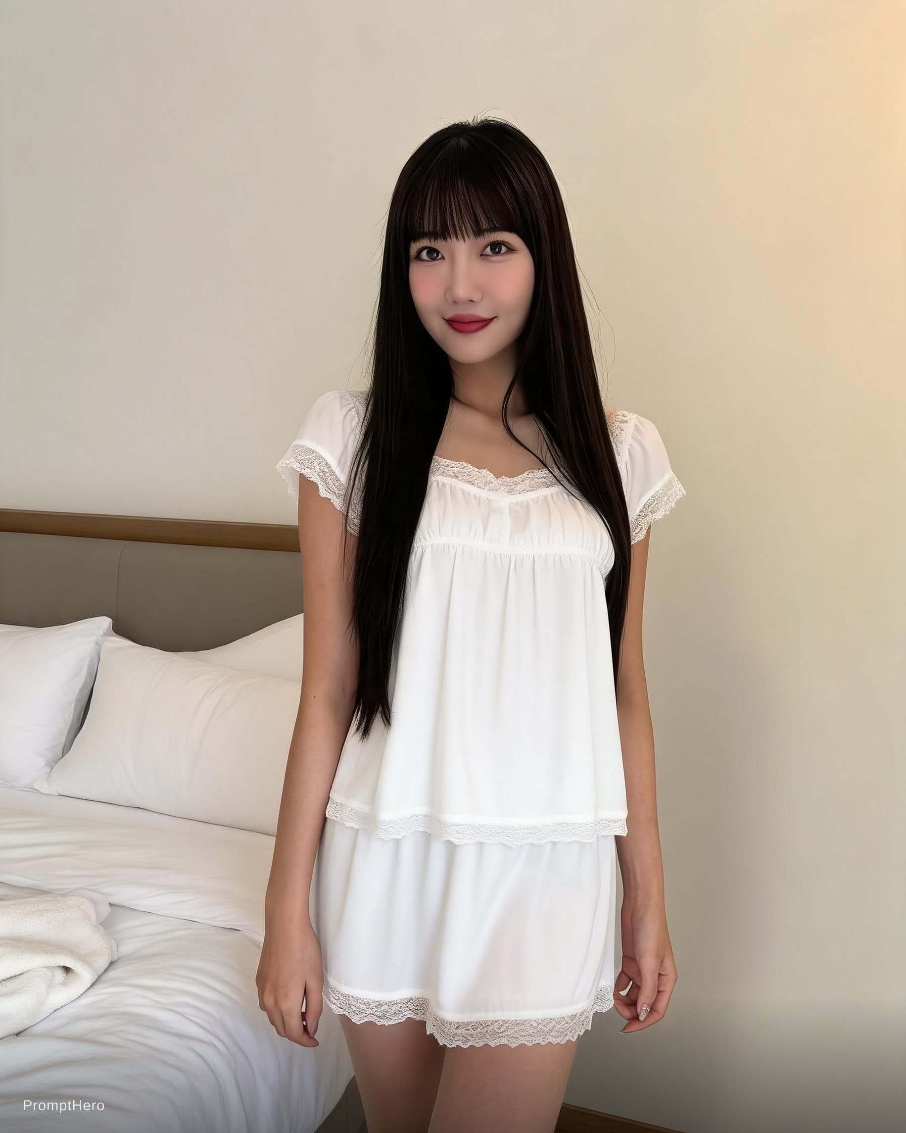 AI generated: girls is dressed in a two piece night gown dress in her bedroom
