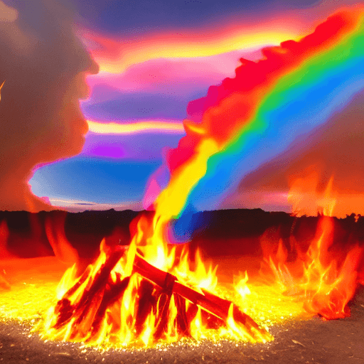 AI generated: Flames are sparking out of campfire with rainbow color into the sky