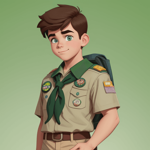 AI generated: a young boy scout, muscular, close up, with a green gradient background, Disney style, cartoony, 