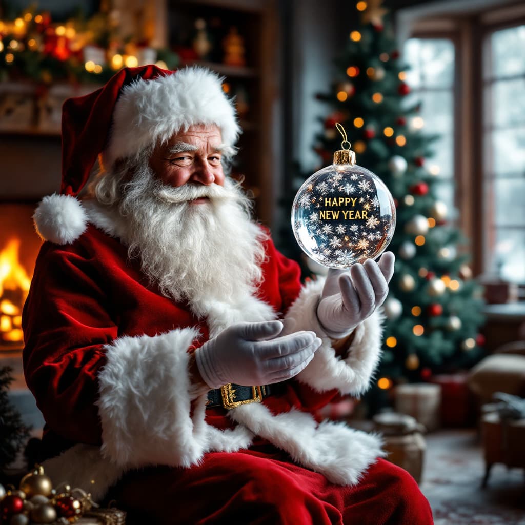 AI generated:  a real scene of Santa Claus sitting on a shelf. Santa Claus is holding a translucent crystal orname...