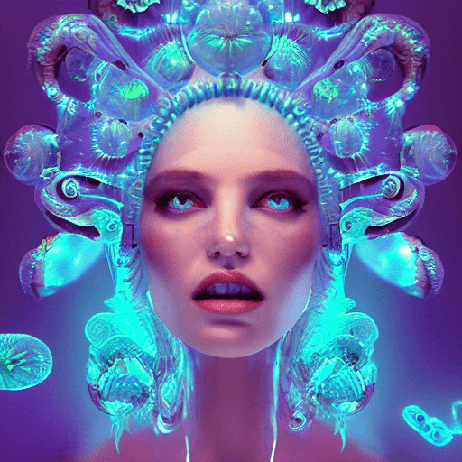 AI generated: goddess close-up portrait ribcagel. jellyfish phoenix head, nautilus, orchid, skull, betta fish, bio...