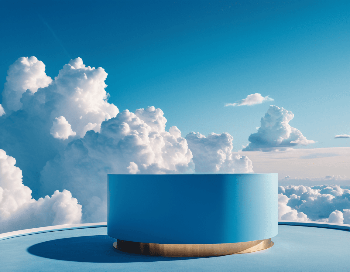 AI generated: Product photography, beautiful blue podium for product, super detalised and fashion, with puffy clou...