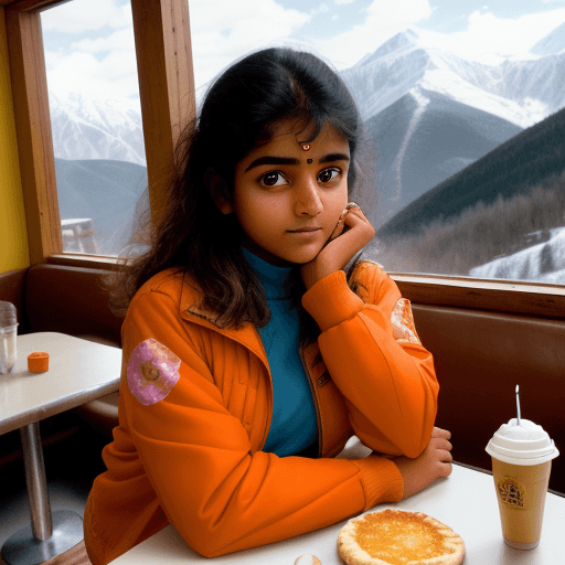 AI generated: A beautiful indian girl girl in a 90’s mountain top diner. A slice of hot pie 🥧 with cream and a co...
