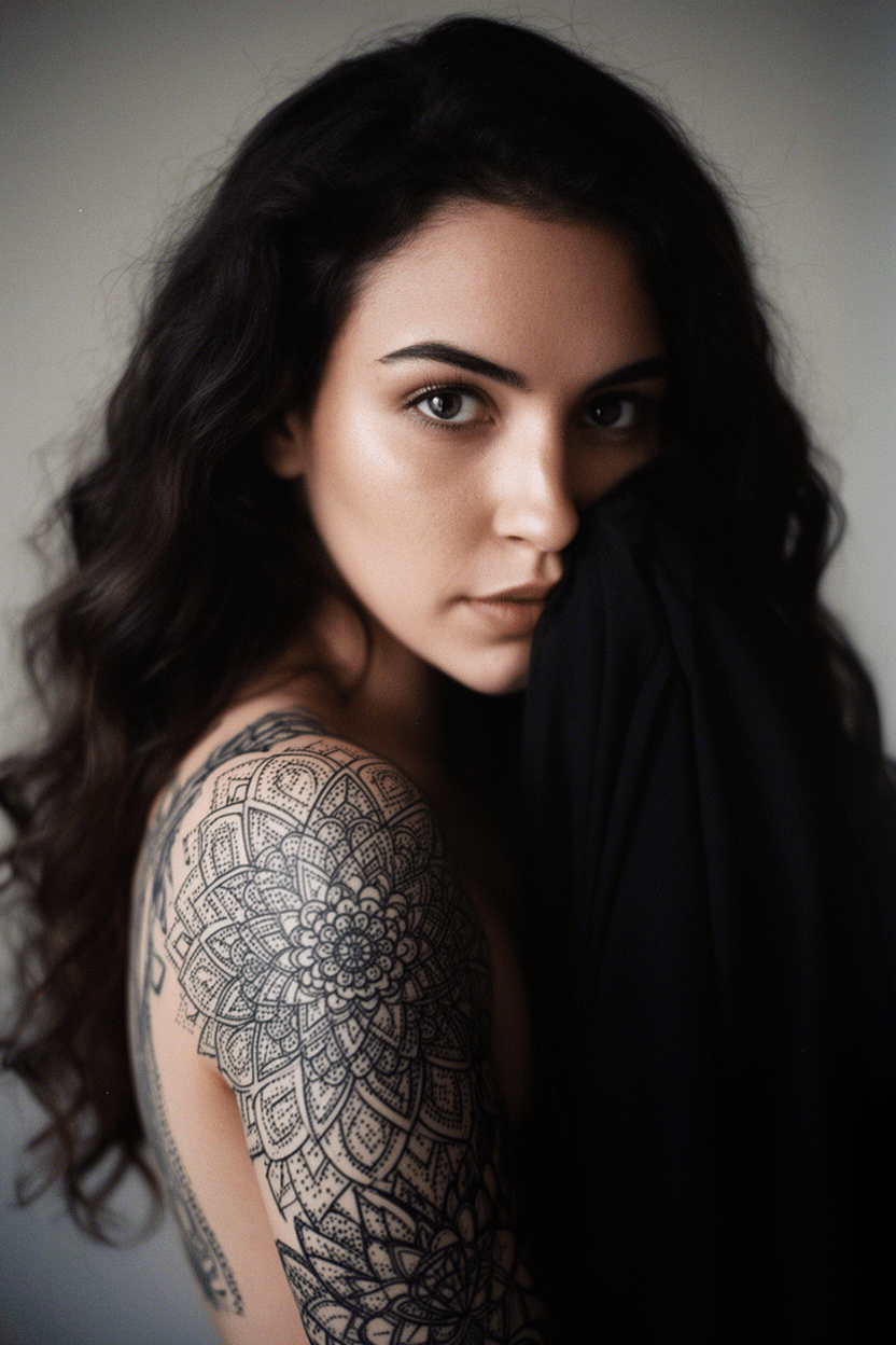 AI generated: A high-resolution, moody portrait of a woman with long wavy dark hair, side profile view, looking di...