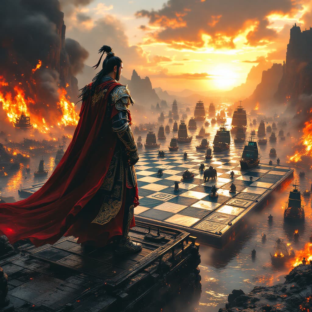 AI generated: A legendary Chinese general, Zhou Yu, stands heroically on the deck of a burning warship during the ...