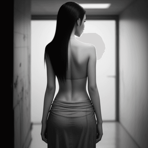AI generated: High resolution photography full standing beautiful fine  thaï woman from behind in a sad flat concr...