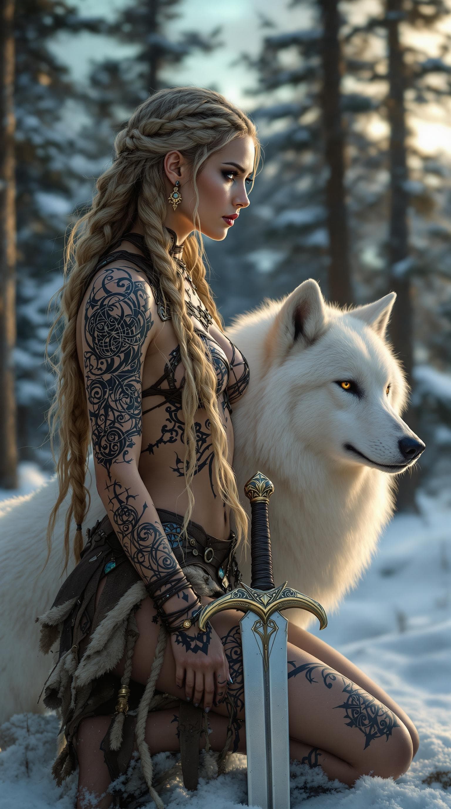 AI generated: A celtic warrior woman with long golden braids, dressed in minimal fur armor, minimal chest, barefoo...