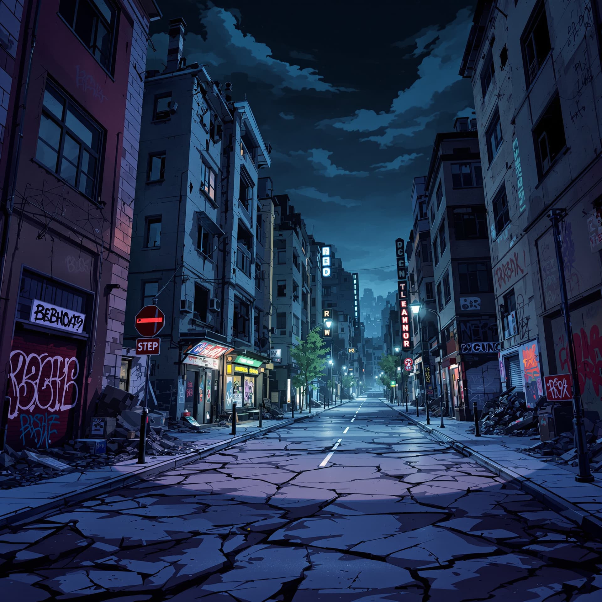 AI generated: 3d anime illustrated destroyed urban street buildings background with graffiti on the walls, cracked...
