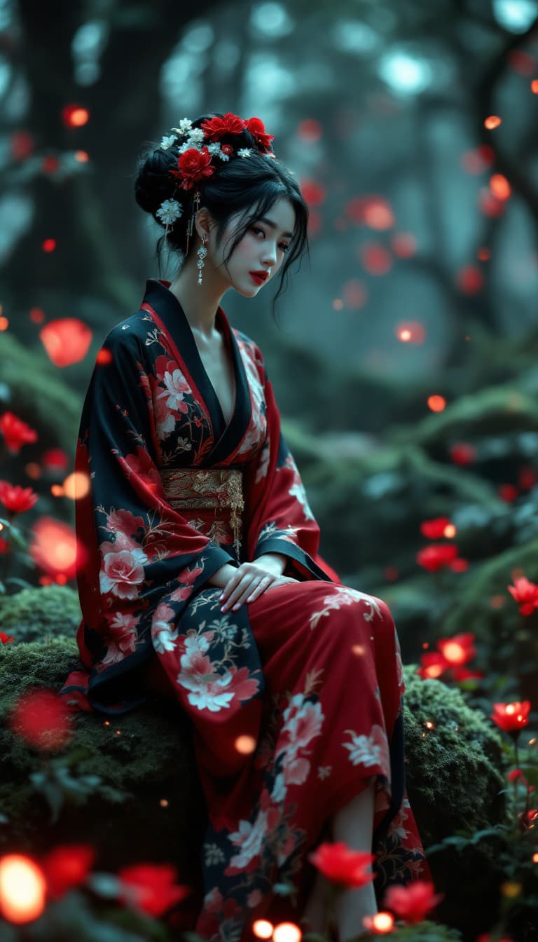 AI generated: Full body view of A stunning, elegant woman in a dark, enchanted forest, walk gracefully on a moss-c...
