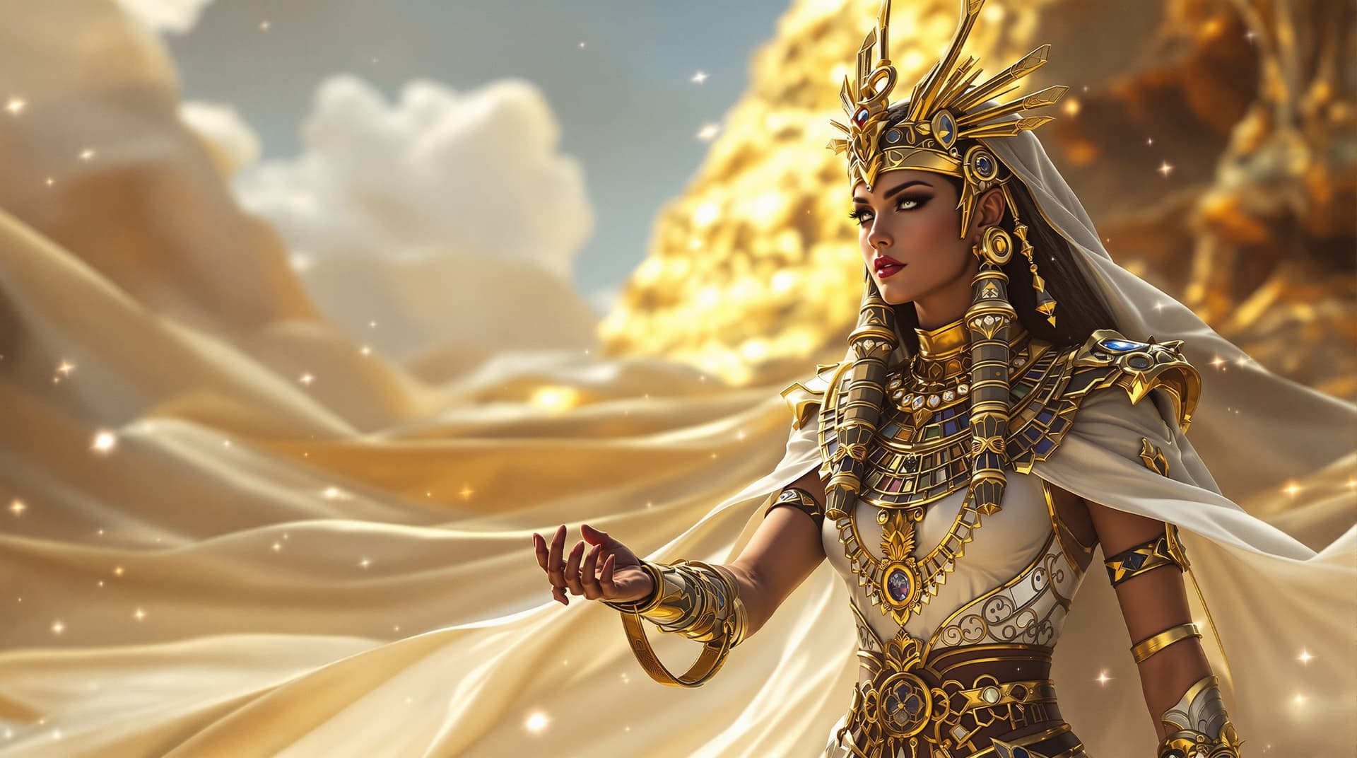 AI generated: Kleopatra, egypt god, fantasy light armor withe many accessories and detailles, beauty, 4k, ultra hd...