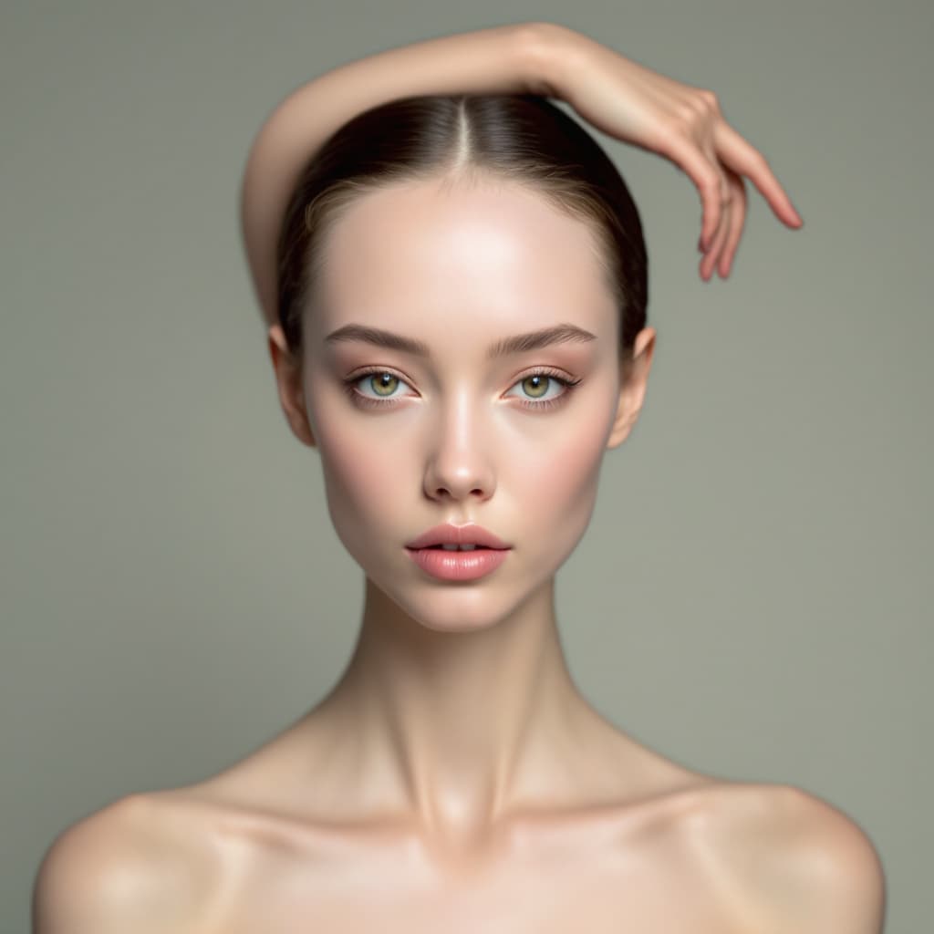 AI generated: A photo model with an arm growing out of her forehead.