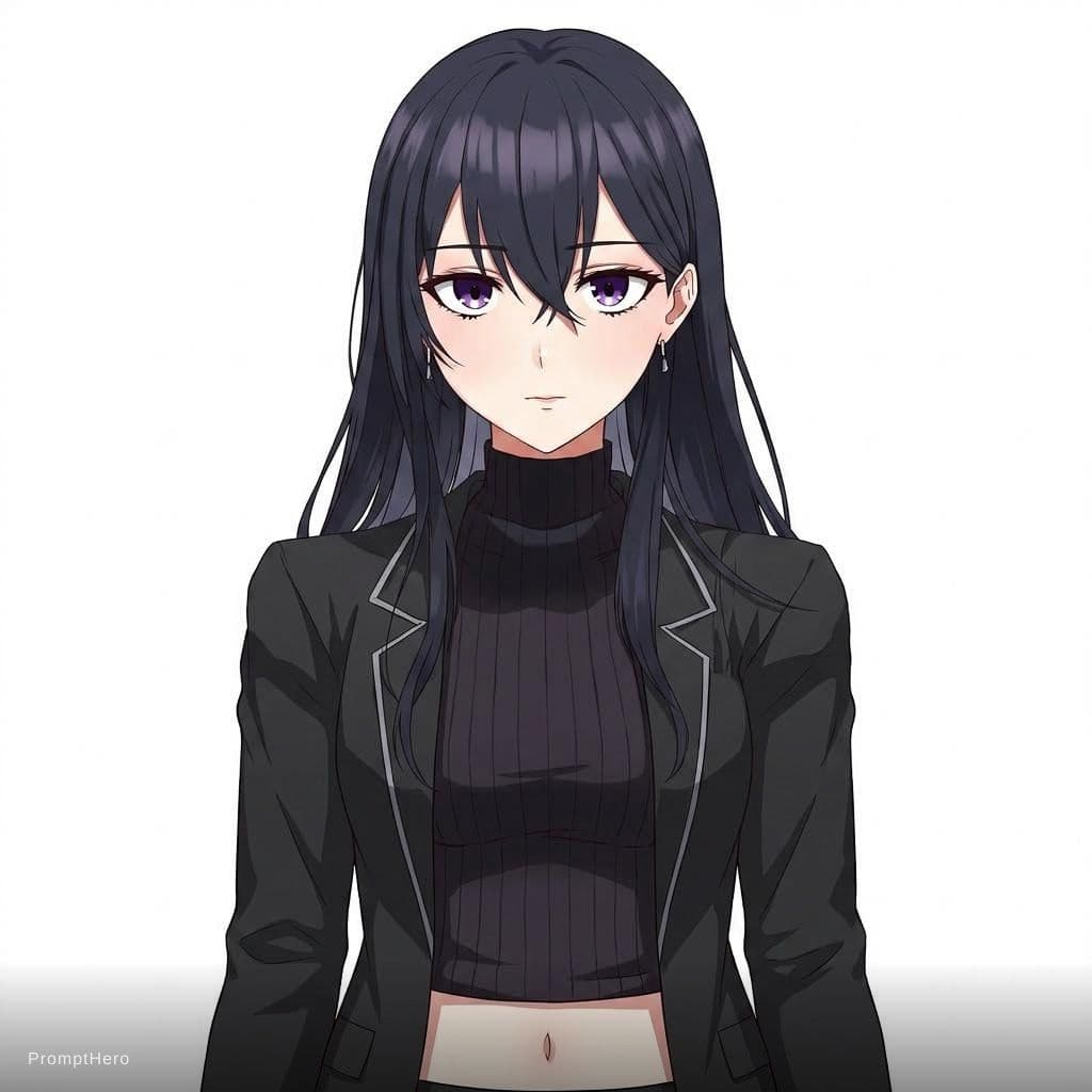 AI generated: a simple manhwa style beautiful woman with black hair, white background, black outfit, reserved pers...