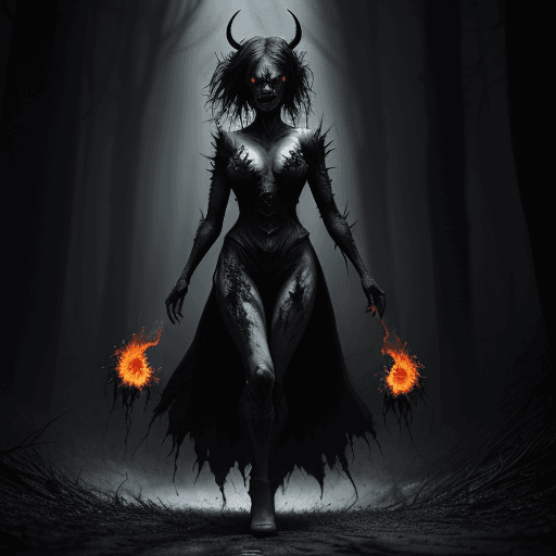 AI generated: Imagine a demon woman, the very essence of evil. Her attire is something out of a horror movie, made...