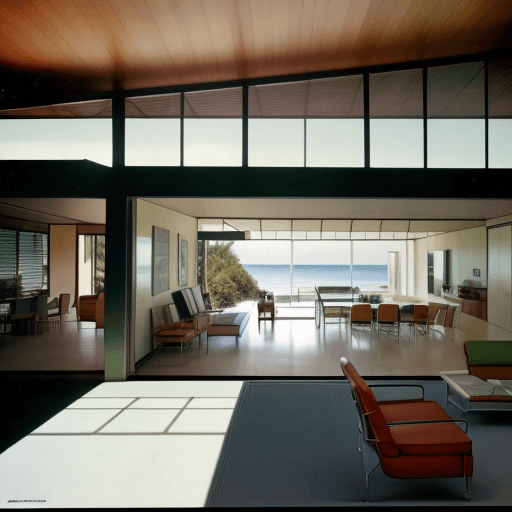 AI generated: Hyper realistic eye level exterior photo of a mid century modern style house overlooking the ocean, ...