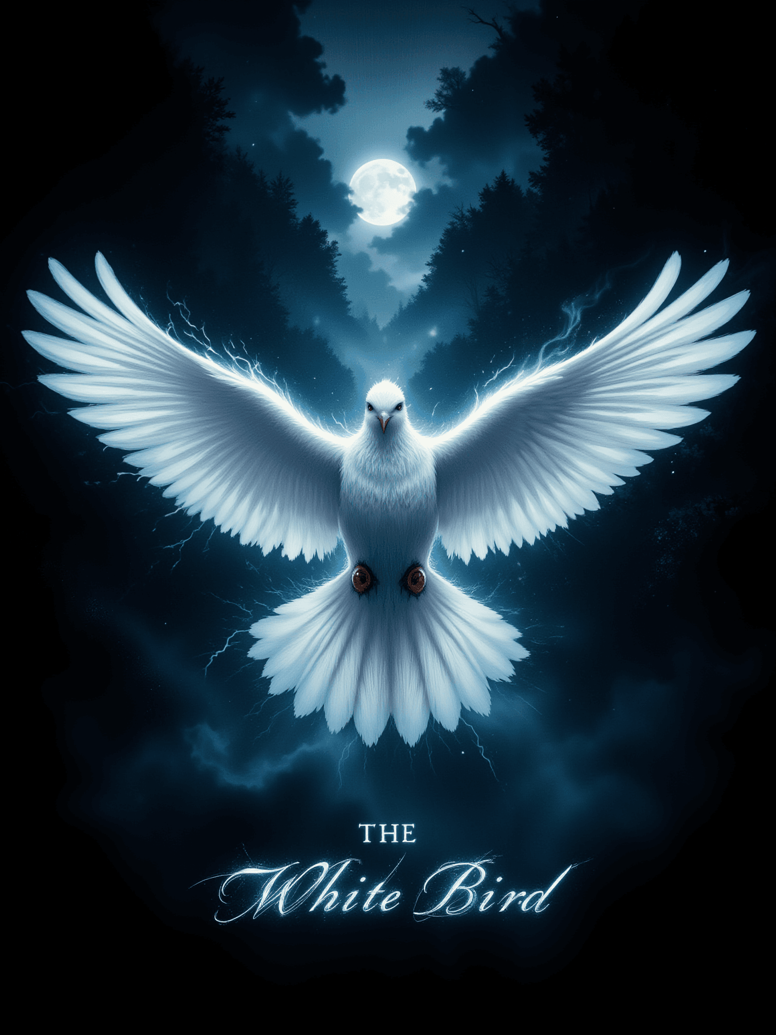 AI generated: A portrait picture of a luminous white dove glowing against a pitch-black forest. Moonlight catches ...