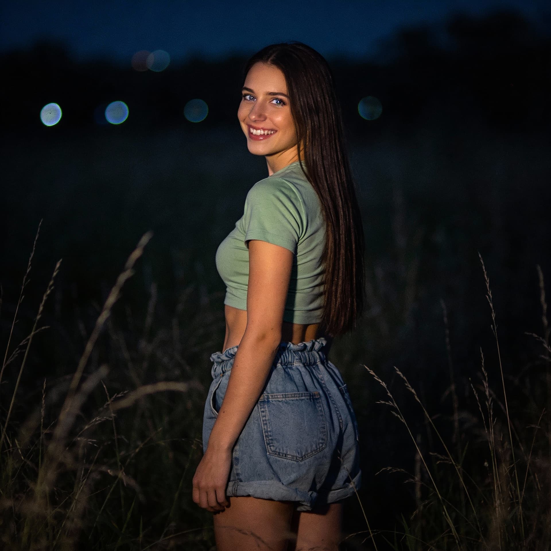 AI generated: A woman stands alone in an overgrown grass field on a late night, surrounded by darkness that only a...