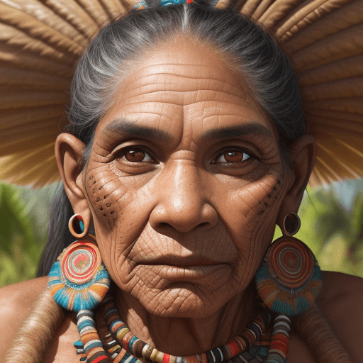 AI generated: close-up portrait man ((Amazonian aboriginal)) looking straight ahead, leaning forward, definition o...