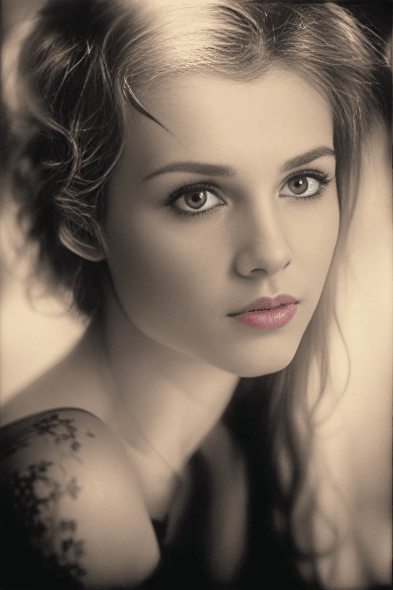 AI generated: a b&w photo of a woman in a (black shirt:1.5), (detailed face), messy hair, dark eyes, (b&w, Monochr...