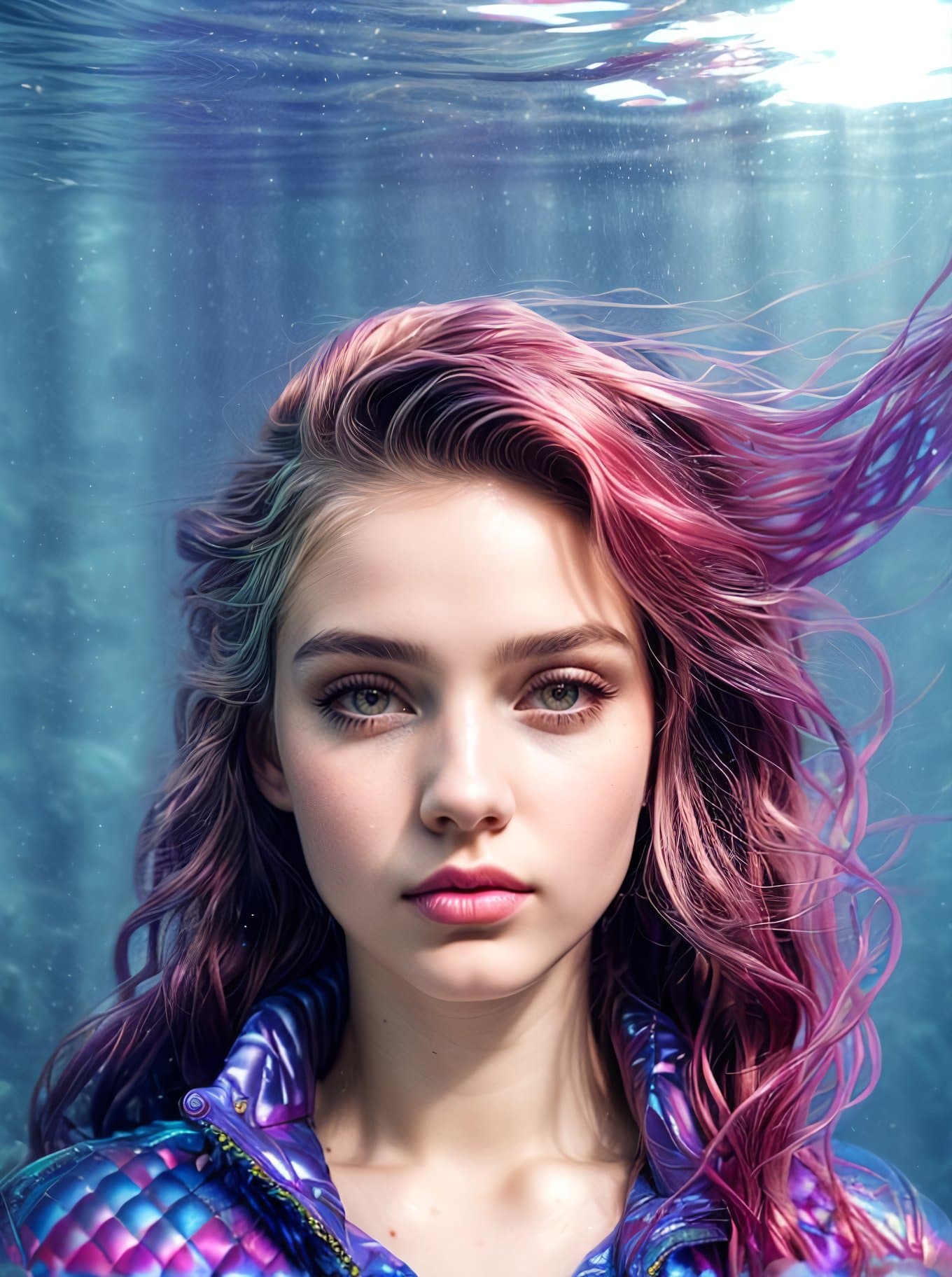 AI generated: Image of a girl underwater coral reef, Lebanese, Scottish Bob, Zigzag parting hair, Lipstick Opaque,...