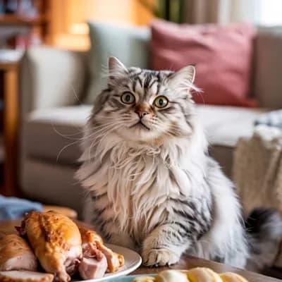 AI generated video: Cat with joyful expression looks at chicken and turns to Banana, repeatedly looking, first chicken t...