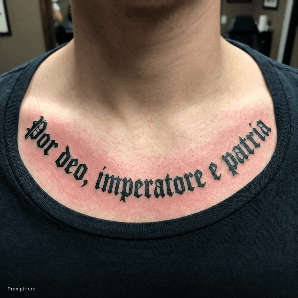 AI generated: In goth-schrift " por deo, Imperatore e patria" alles großgeschrieben als tatto unter dem Hals also ...