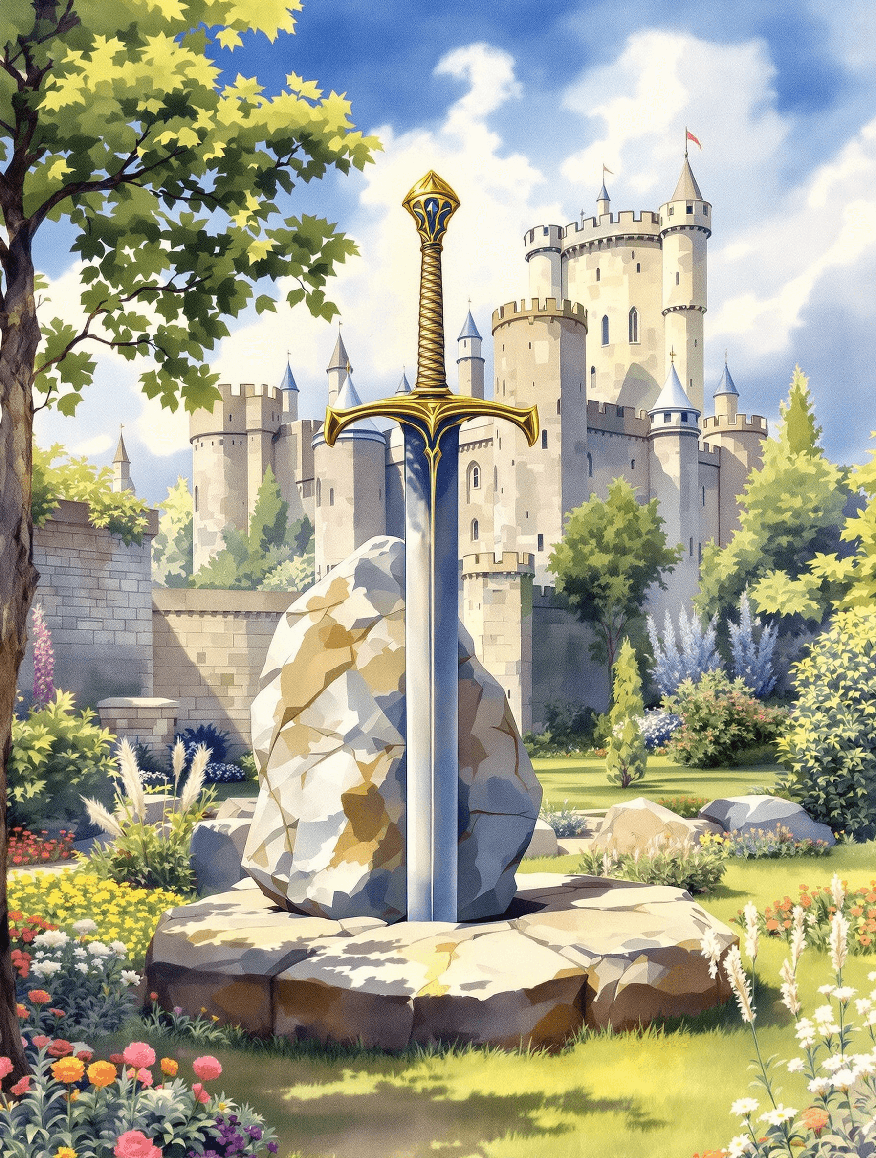 AI generated: A beautiful watercolour painting of the sword Excalibur stuck in a great stone in the garden of Came...