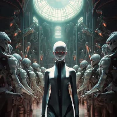 AI generated video: an android woman walks towards the camera past a building filled with other androids. 