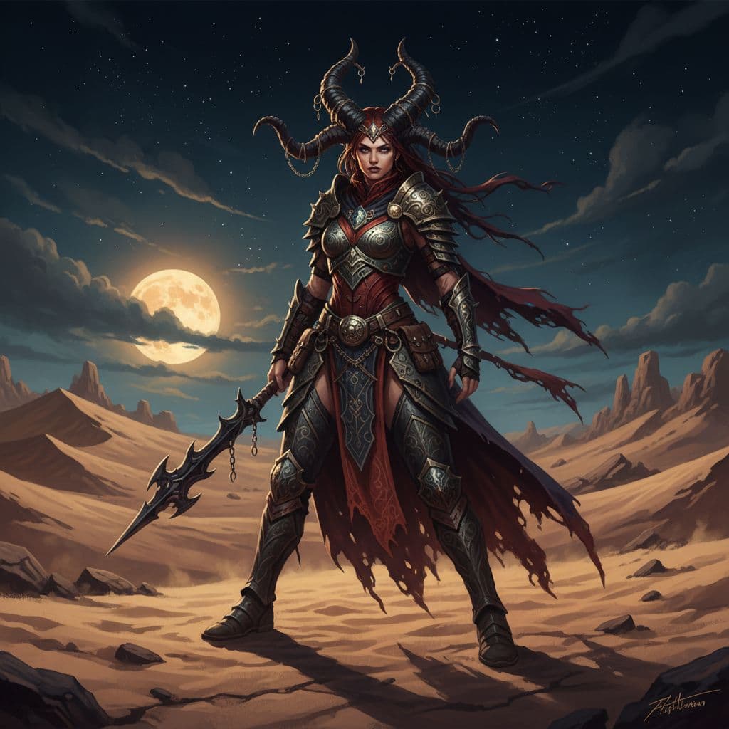 AI generated: A detailed and atmospheric illustration, full body shot of a young beautiful European female horned ...