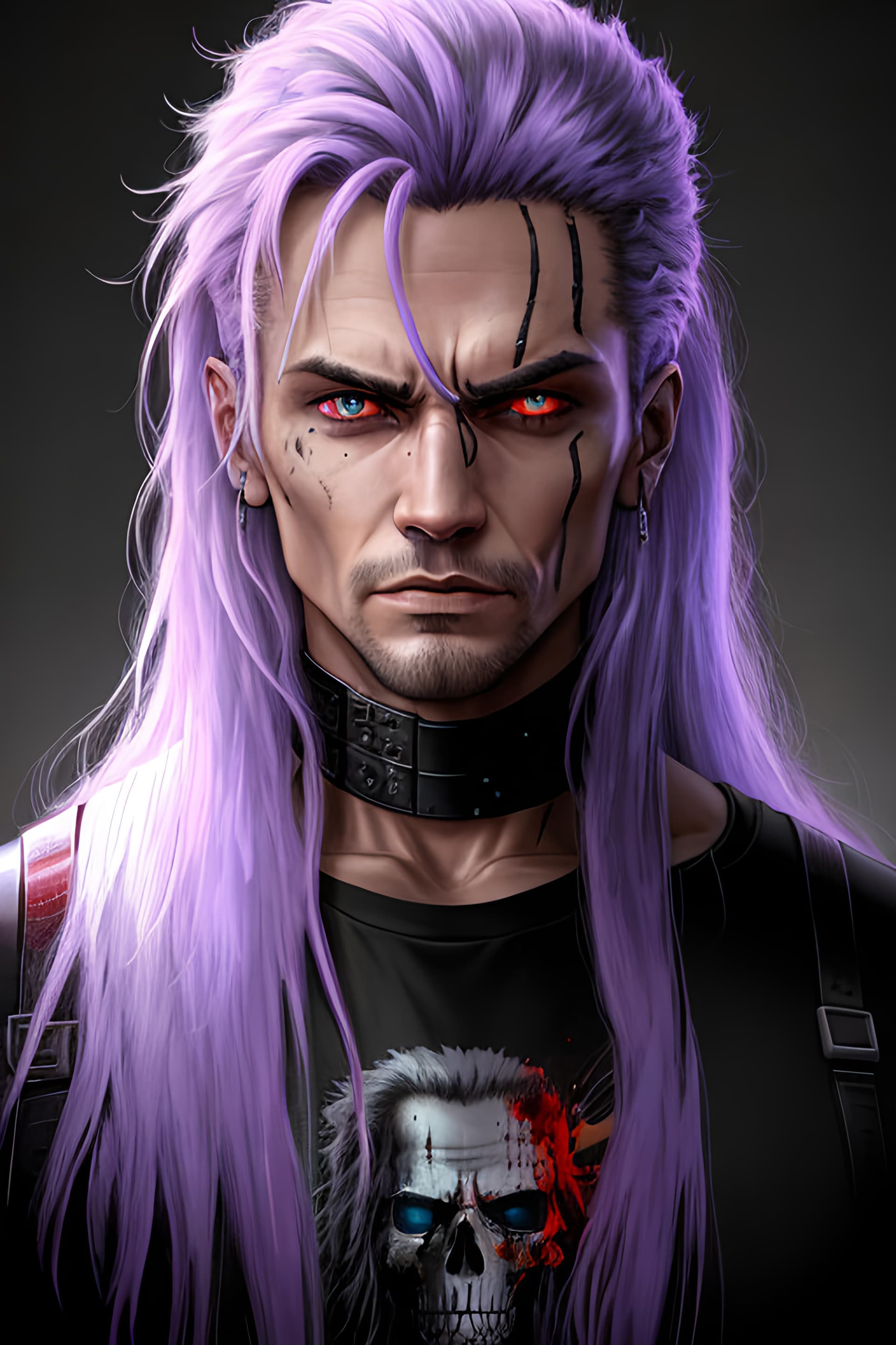 AI generated: A portrait a futurepunk, menacing overall appearance, with a neon skull shirt, strong fit with a uni...