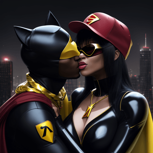AI generated: A BLACKMAN in a red baseball cap, yellow sunglasses, in a dark red superhero knight armour suit with...
