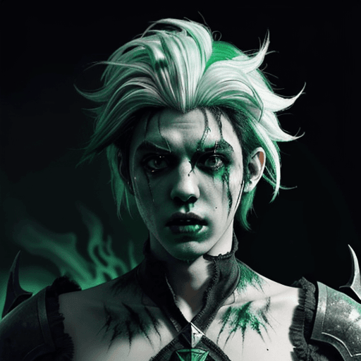 AI generated: Viego the ruined king league of legends, horror, background black and green, white hair
