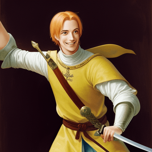 AI generated: flamboyant medieval swordsman, smiling, wielding epee