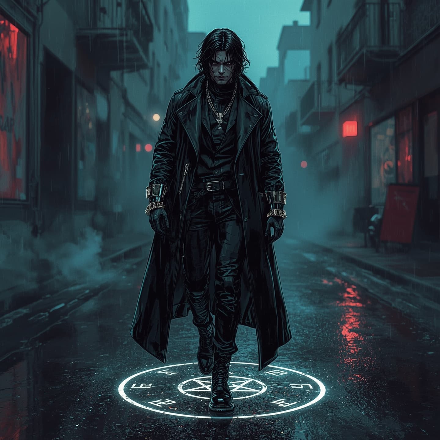 AI generated: male modern necromancer (adult), urban occultist aesthetic, ink-black coat over tech streetwear, bon...
