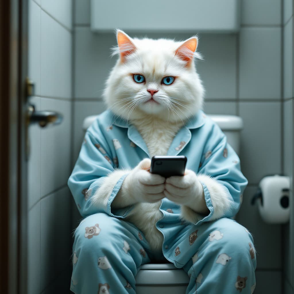 AI generated: strong dramatization, anthropomorphic real white cat wearing light blue pajamas with pattern, sittin...