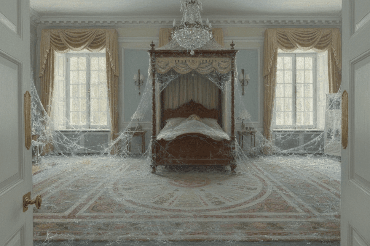 AI generated: make it in Clod Monet style, Sleeping beauty bedroom, ad some ash and spider web