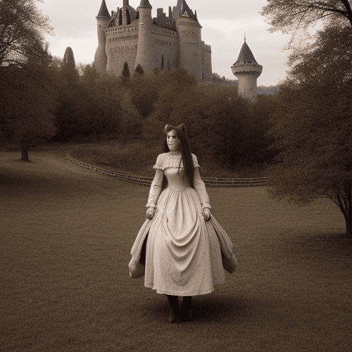 AI generated: girl, fantasy, with a horse, long sleeves dress, long hair, castle behind