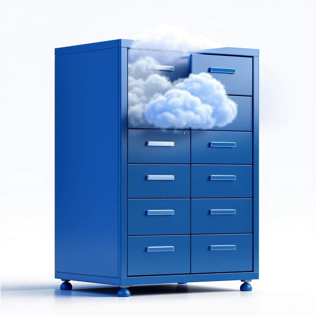 AI generated: A filing cabinet fading away as a cloud-based interface appears.