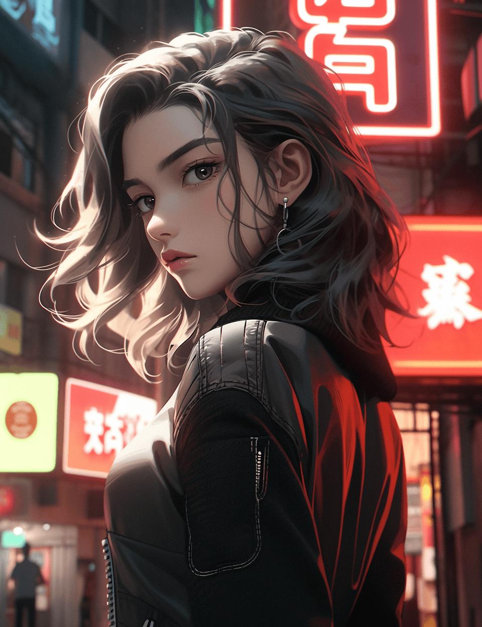 AI generated: a woman standing in front of a neon sign, in the style of hyper-realistic sci-fi, steelpunk, candid ...