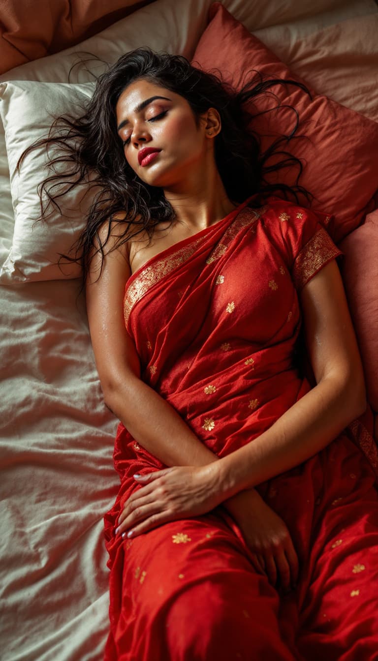 AI generated: Red wet saree Indian woman, sleeping on edge on bed, curvy body, 32 year woman, good upper and great...