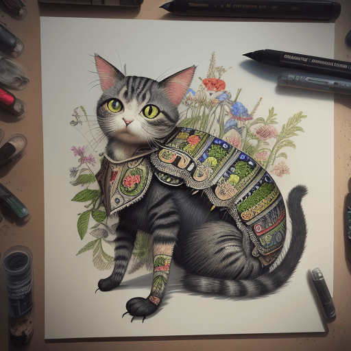 AI generated: 
Folk art cat,  illustration, beetle art, insects, botanical illustration, faire, art print, ultra h...