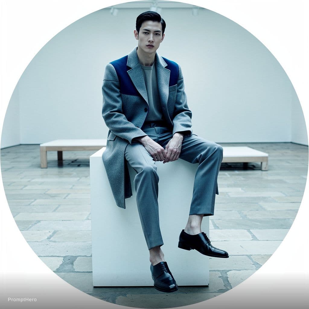AI generated: a man sitting on top of a white cube, official jil sander editorial, blue and grey tones, trending o...