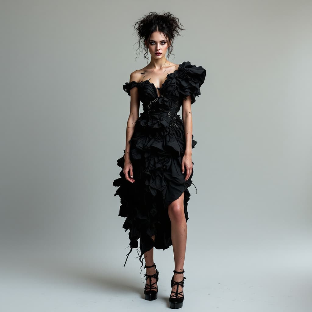 AI generated: high fashion portrait of a woman with rough skin wearing black heels and a dress made from pieces of...