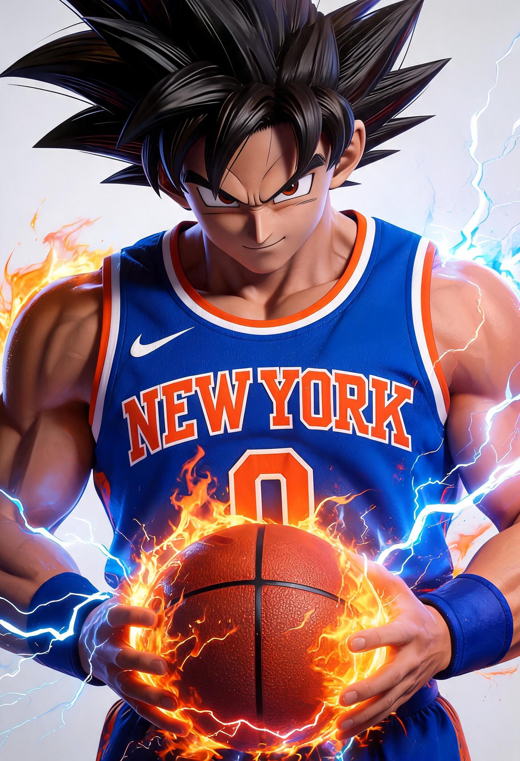 AI generated: closeup from the waist up but showing his whole head  iconic hair of Goku from dragon ball z wearing...