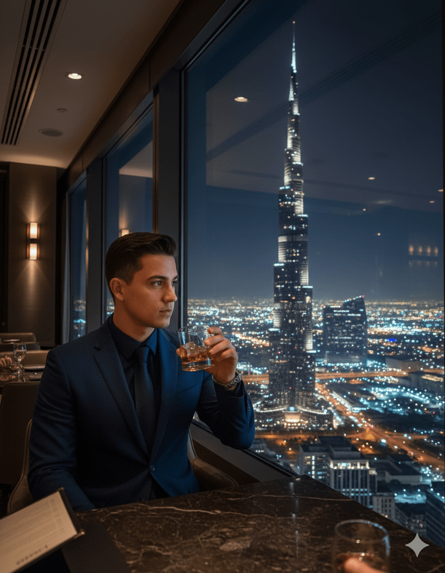 AI generated: "Night view from a high-rise restaurant. A man in a dark suit sips a drink, looking out at a stunnin...