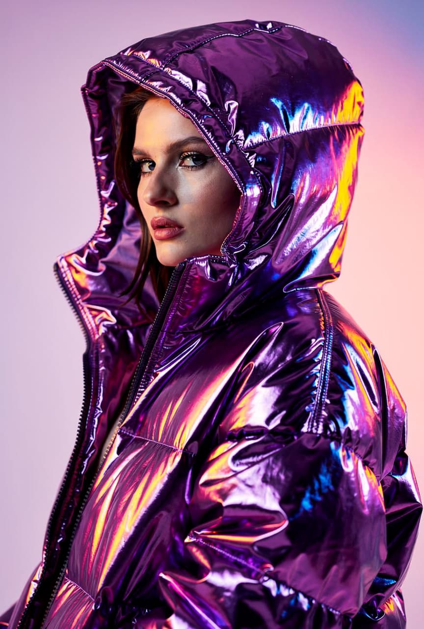 AI generated: Using attached photo, create portrait in futuristic streetwear fashion, shown in 3/4 view with her h...