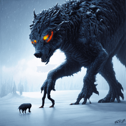 AI generated: Starvation black monster wolves with red eyes, fight in the ice age Scenery, : concept art::1 cyberp...